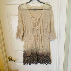 Lilly Mason Boho Cottagecore Fairy Ombré Cream & Brown Lace Peasant Dress Size M